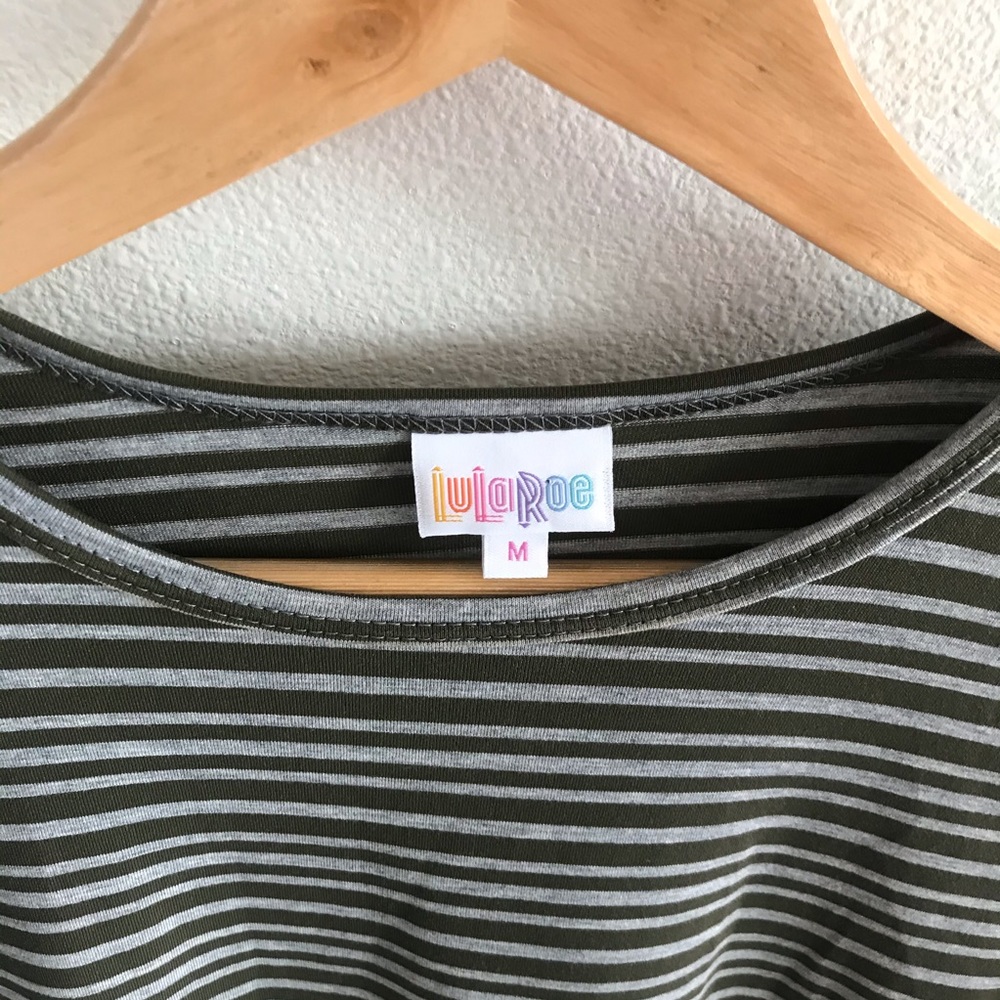 LuLaRoe Army Green and Gray Striped Maurine Dress - Picture 3 of 5